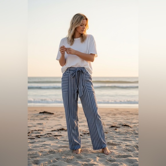Hope & Harlow Pants - Hope & Harlow Maritime Blue White Striped Chambray Pants Beach Summer Resort